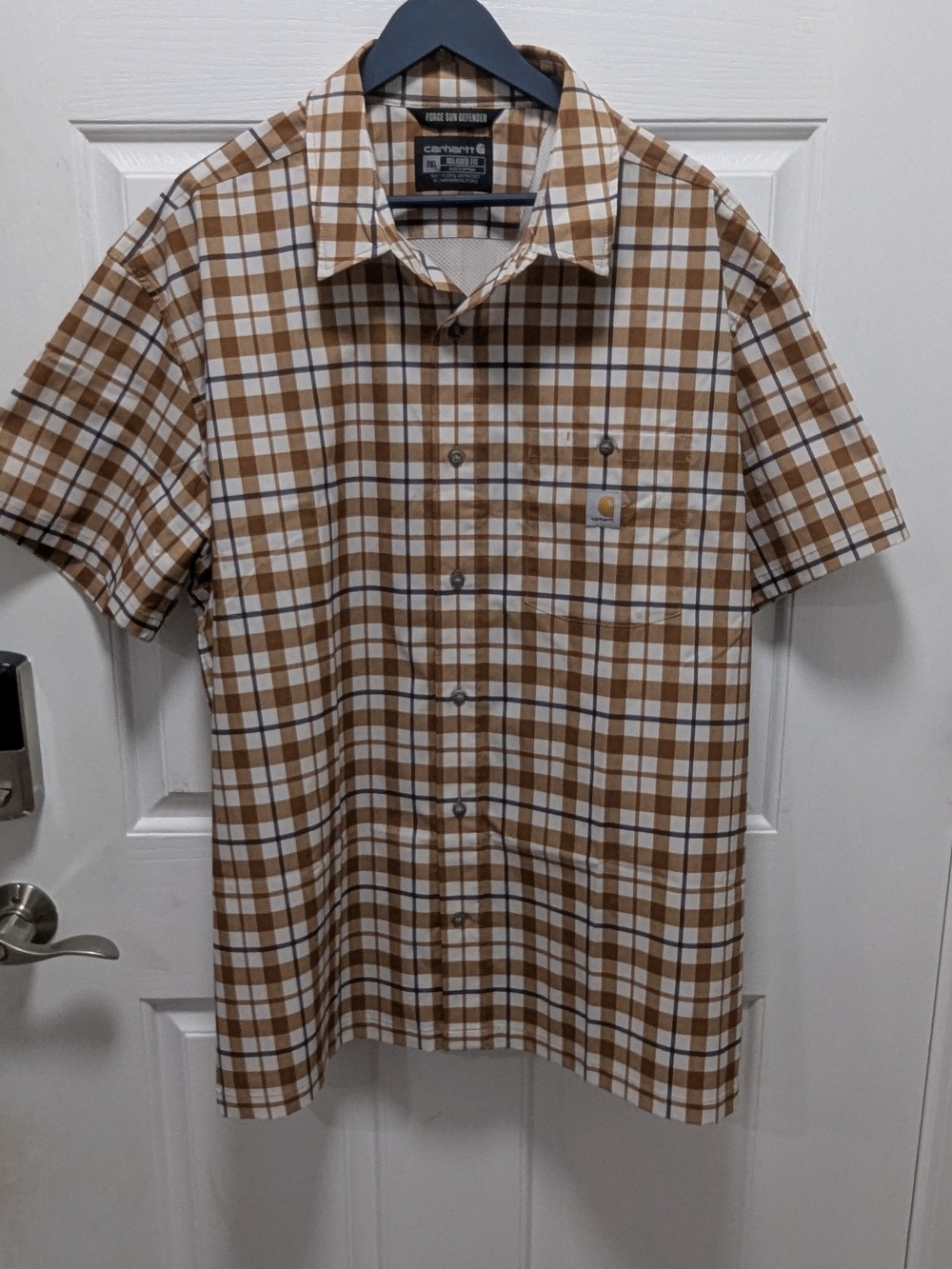Carhartt Brown and White Plaid Short-Sleeve Button-Up